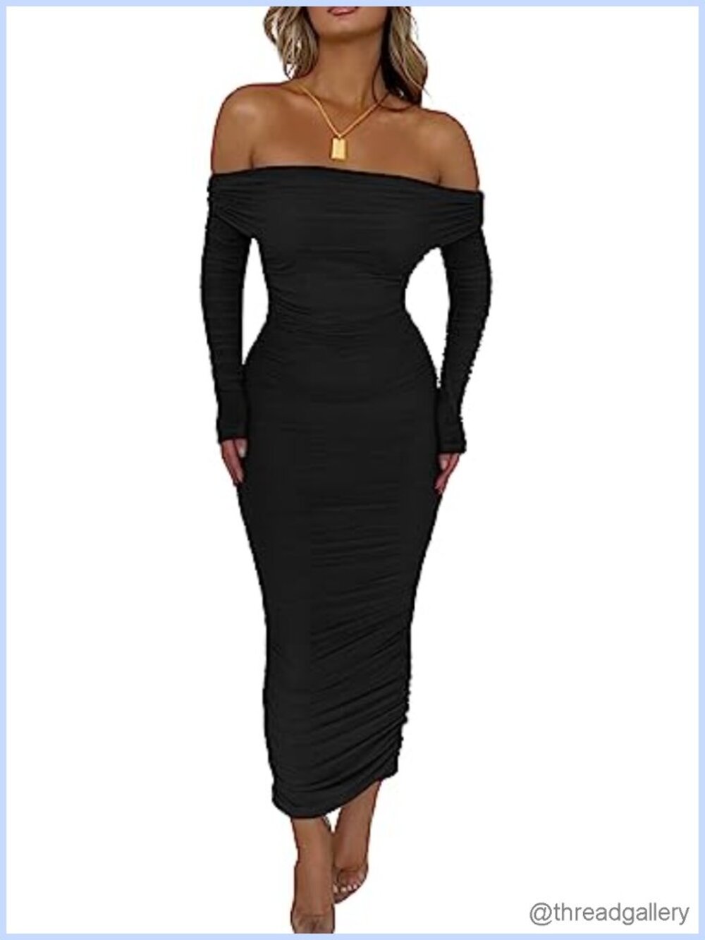 Off Shoulder Bodycon Maxi Dress Long Sleeve Ruched Formal Evening